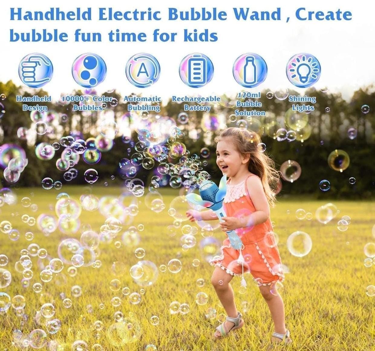 Electric Bubble Stick for Kids shaped like a colorful flower, an automatic bubble machine creating numerous bubbles, with included bubble solution and rechargeable battery. Perfect for outdoor play and parties on usmile.toys. www.usmile.toys